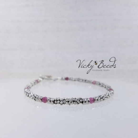 Pink Tourmaline & Silver Beaded Toggle Bracelet - Picture 3 of 9